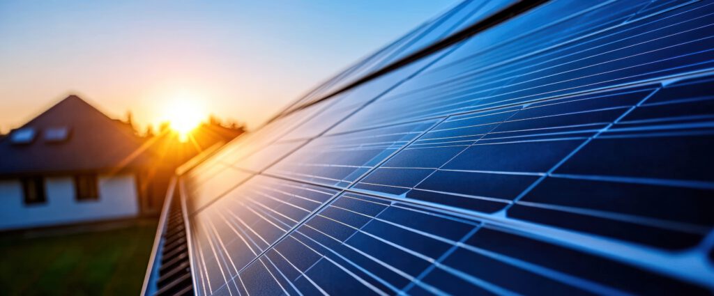 Sunset over Solar Panels on Residential Roof
